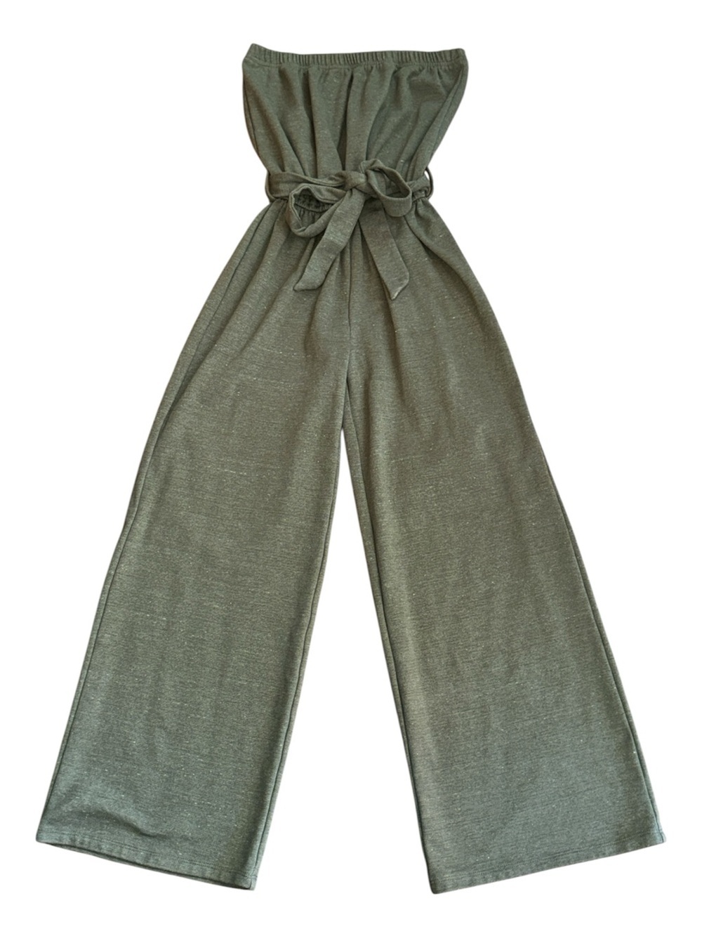 Obsessive Love Jersey Strapless Jumpsuit Wide Leg Tie Belt Khaki Green Sz Small - Picture 2 of 8